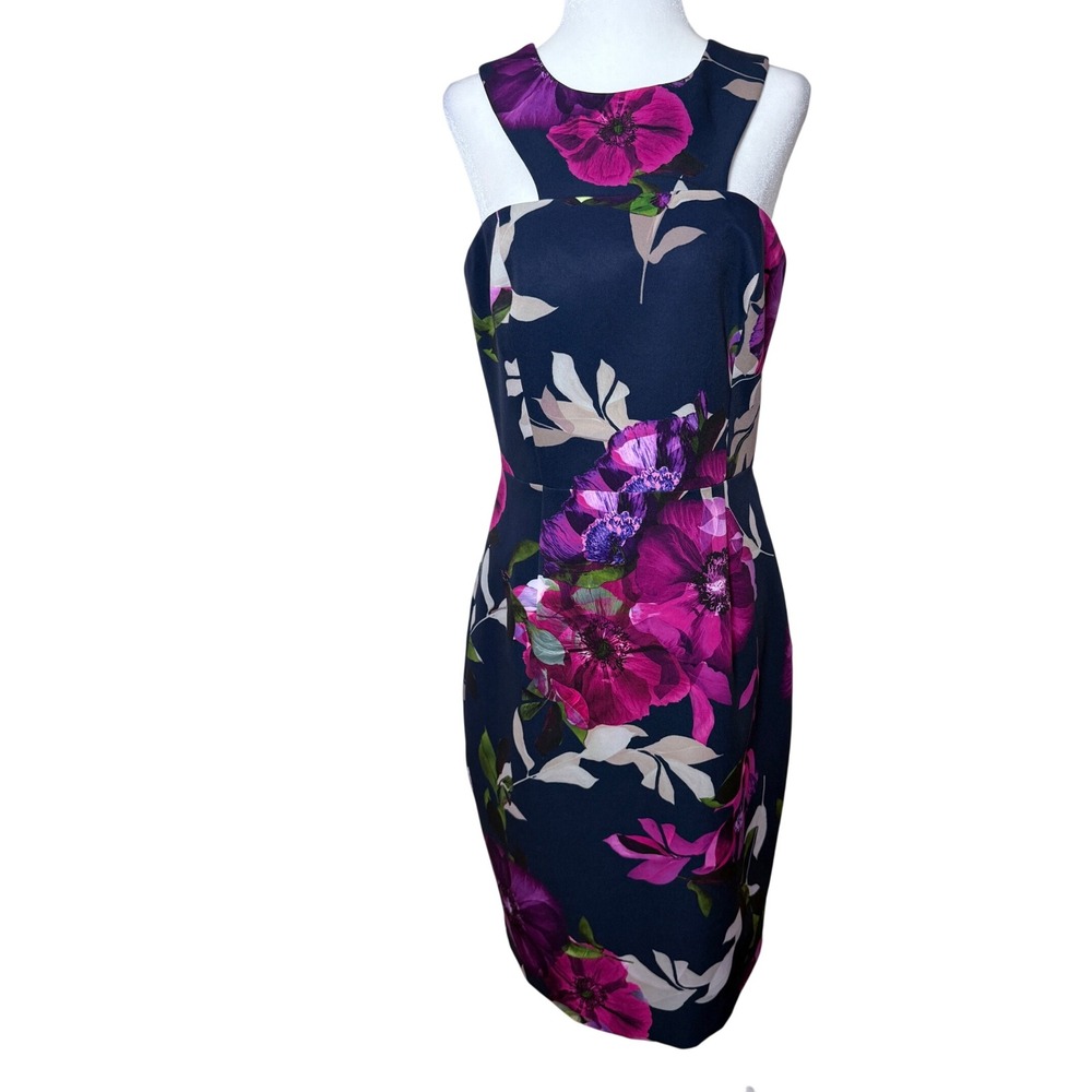 Trina‎ Turk Floral Sheath Dress Navy Magenta Cutout Neck Cocktail 8